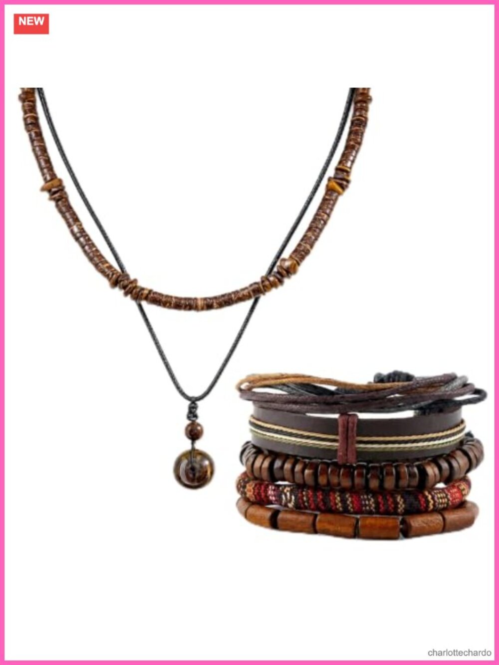 Faux Leather Boho Necklace Bracelet Set Layered Braided Unisex Festival Jewelry